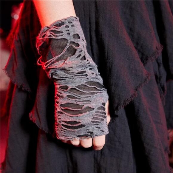 Women's Punk Fingerless Gloves Arm Warmers Black Ripped Gothic Gloves - Picture 4 of 7